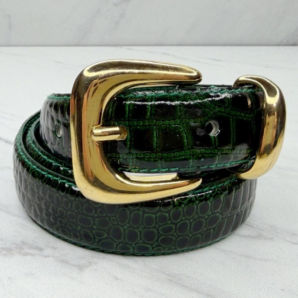 Vintage Womens Jana Green Croc Embossed Leather Belt Gold Buckle Medium (M) ✨
